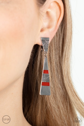 [374] Clip-On Earrings Red and Silver Dangle - Safari Seeker