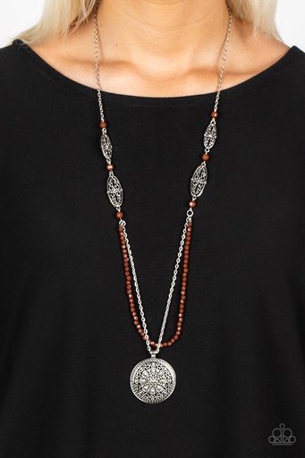 [144] Long Necklace, Layered with Brown Beads and Silver Medallion - Garden of Grace