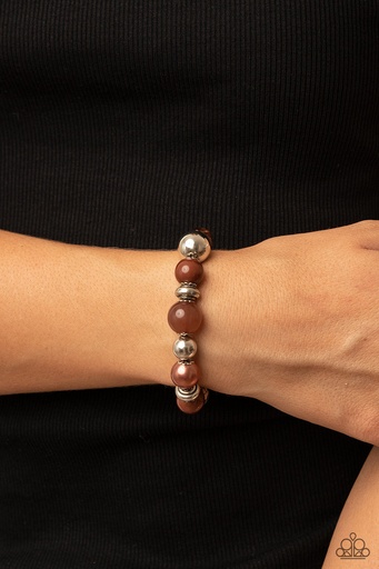 [150] Brown Bracelet with Beads in Silver - Stretch - Tonal Takeover