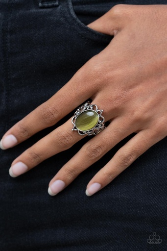 [437] Green Moonstone Ring Stretch with Silver Adjustable Ring Band - Radiantly Reminiscent