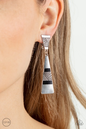 [442] Clip-On Earrings Black and Silver Dangle - Safari Seeker