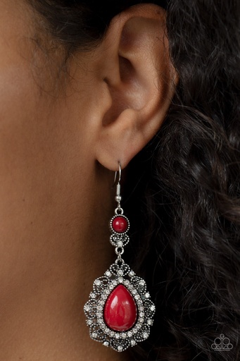 [435] Red Earrings Silver Dangle with Crystals - Palace Bribe