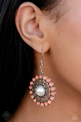 [421-E] Pearl Earrings with Peach Beads in Silver Dangle - Effortlessly Eden