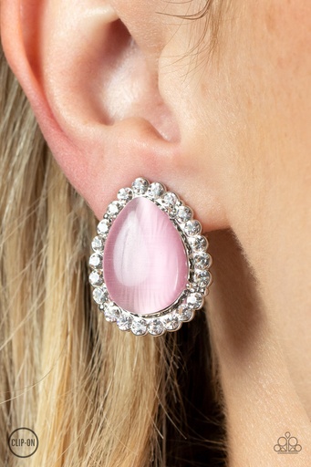 [461] Clip On Earrings Pink Moonstone and Crystals - Silver - Downright Demure
