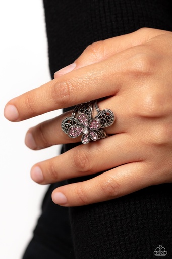 [497] Flower Stretch Ring with Pink Crystals in Silver Adjustable Ring Band - Garden Escapade