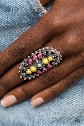[518] Multi Color Knuckle Ring with Blue Bead Accents and Silver Adjustable Ring Band - Sonoran Solstice