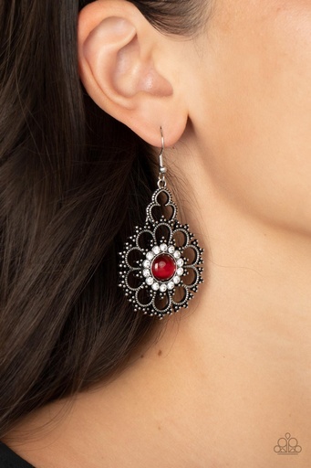 [522-E] Red Moonstone Earrings in Flower Silver Frame - Floral Renaissance