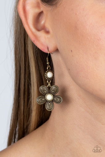 [513-E] Western White Stone Earrings Brass Flower Dangle - Free-Spirited Flourish