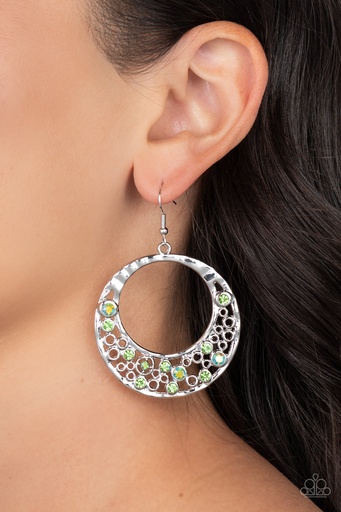 [527] Iridescent and Green Crystal Earrings in Silver Dangle - Enchanted Effervescence