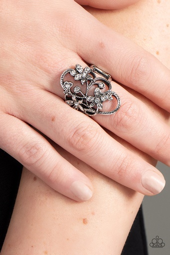 [371-R] Swirl Crystal Stretch Ring with Silver Adjustable Ring Band - Flirtatiously Flowering