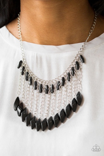 [359-N] Statement Black Beaded Fringe Necklace in Silver - Venturous Vibes