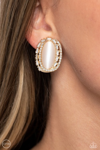 [559] White Moonstone Clip On Earrings with Crystals and Gold - Shimmery Statement