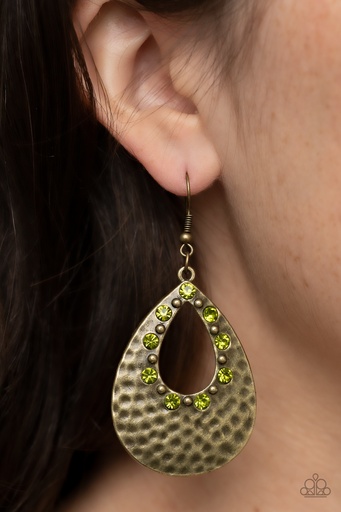 [194-E] Brass Teardrop Earrings with Green Crystals - Terraform Twinkle