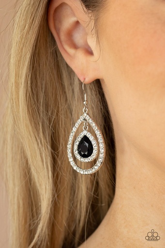 [327-E] Teardrop Earrings with White and Black Crystals in Silver Dangle - Blushing Bride