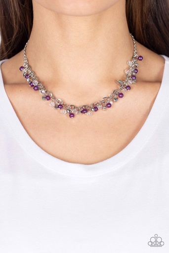 [448-N-PU] Purple Pearl Necklace with Silver Heart Beads - Soft-Hearted Shimmer