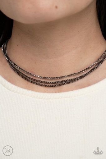 [261-N] Black Layered Choker Necklace with Crystals and Gunmetal Chains - Glitzy Gusto