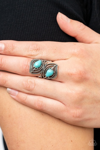 [523] Turquoise Stretch Ring Blue and Silver Adjustable Ring Band - Mesa Mystique