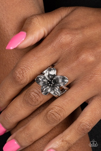 [261-R] Flower Stretch Ring with Black Crystal in Silver Adjustable Ring Band - Tropical Treat