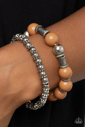 [502-B] Beaded Stretch Bracelet Caramel and Silver - Walk This SWAY