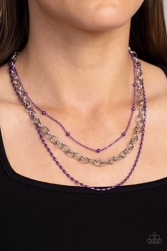 [530-N] Purple Necklace Layered with Silver Chain - Mardi Gras Mayhem