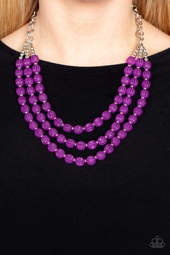 [535-N] Purple Layered Beaded Necklace in Silver - Summer Surprise
