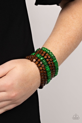[535-B] Wood Beaded Bracelet Green and Brown Stretchy - Fiji Fiesta