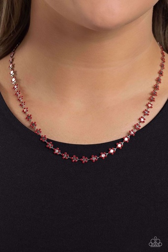 [539-N-RD] Flower Necklace Red Dainty Chain in Silver - Floral Catwalk