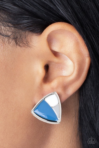 [358-E] Asymmetric Earrings Triangle Post in Blue and White - Kaleidoscopic Collision