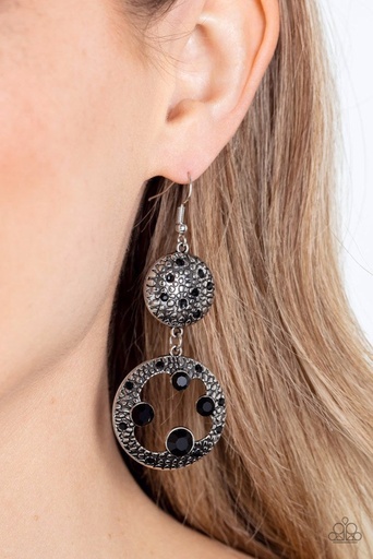 [108-E-BK] Textured Earrings Dangle with Black Crystals in Silver Frame - Eastern Entrada