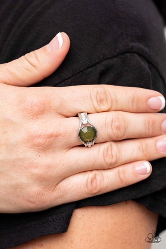 [238-R] Stretch Ring with White Opal and Olive Crystals on Silver Adjustable Ring Band - Meadow Mist