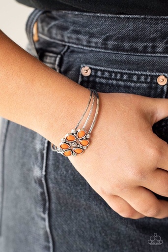 [569-B] Floral Cuff Bracelet with Orange Beads - Taj Mahal Meadow
