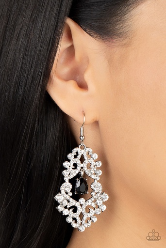 [508-E] Party Dangle Earrings with White and Black Crystals - Sociable Sparkle