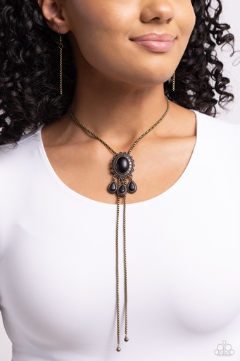 [114-N] Earthy Bolo Necklace Brass with Natural Black Stone Western Style - Seize the Serenity