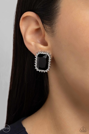 [580] Clip On Earrings in Black Emerald Cut Gem and White Crystals Non-Pierced Earrings - Insta Famous