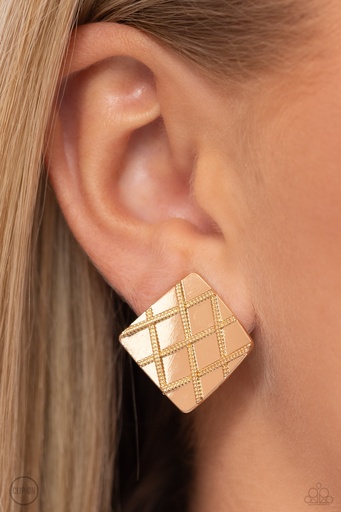 [544-E] Clip On Earrings in Gold Industrial Clip On Post Non Pierced Earrings  - PLAID and Simple