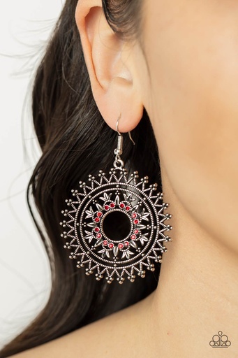 [562-E] Mandala Earrings with Red Crystals in Silver Dangle - Revel in Radiance