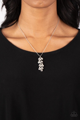 [563-N] Vine Pendant with Crystals and White Pearls on Dainty Snake Chain in Silver - Pearls Before VINE