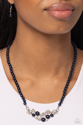 [554-N-BL] Dainty Navy Pearl Necklace in Silver Frame - Pampered Pearls