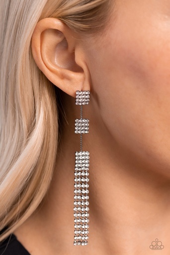 [554-E] Long Post Earrings Elegant Fringe with Crystals on Gunmetal Frame - Fiercely Free-Falling
