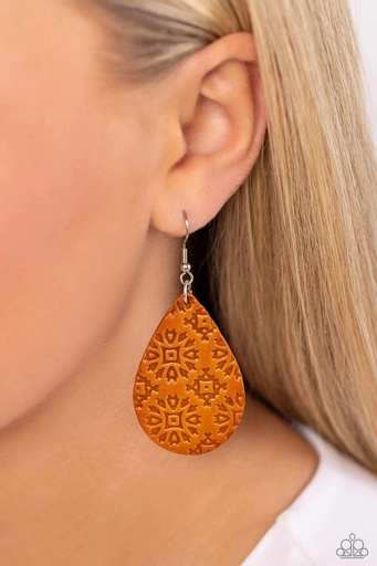 [577-E-O] Orange Leather Earrings Distressed Dangle - Stylishly Subtropical