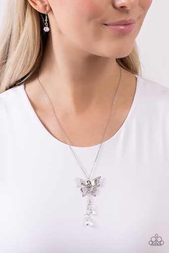 [CP7P2501] Butterfly Necklace 3D with Iridescent Beads on Dainty Silver Chain - Enchanted Wings