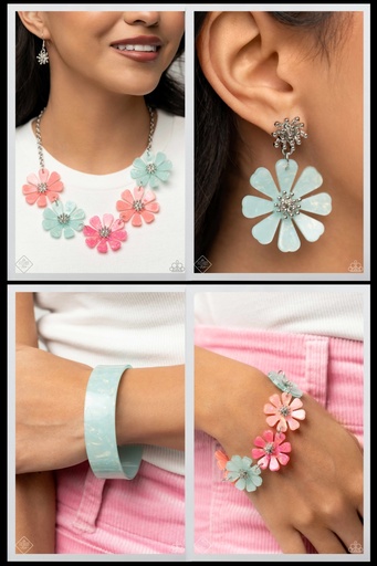 [580-GM] Acrylic Flower Jewelry Set in Pastel Colors and Silver Accents - Fashion Fix - Pastel Promenade