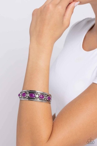 [582-B] Natural Stone Wester Bracelet Cuff Purple Stone and Textured Silver with Floral Design - Stony Surprise