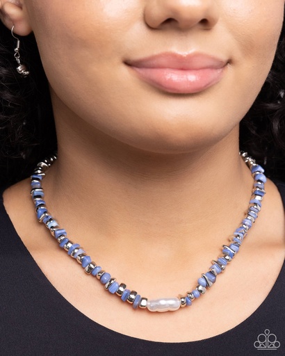 [588] Natural Blue Stone Necklace with Baroque Pearl and Silver Beads - Seasonal Socialite